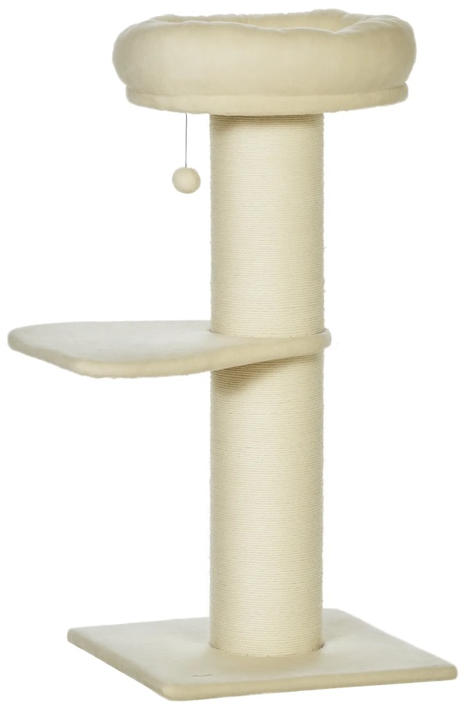 PawHut Copac pentru pisici grifou sisal natural 2 platforme coș observație jucărie bilă suspendată pluș bej | Aosom Romania