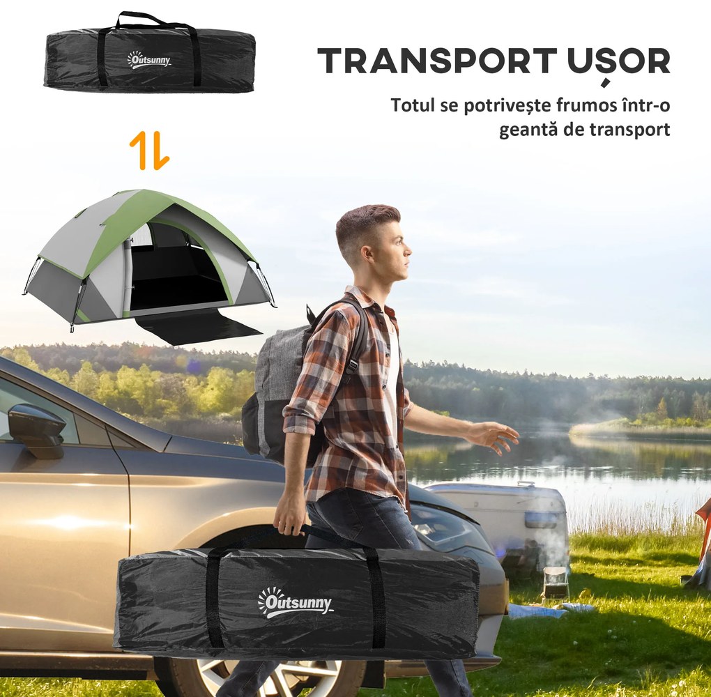 Outsunny Cort de Camping cu 3 Locuri, Geam din Plasă și Cârlig Felinar, Cort de Camping din PE, 270x210x150 cm, Verde | Aosom Romania