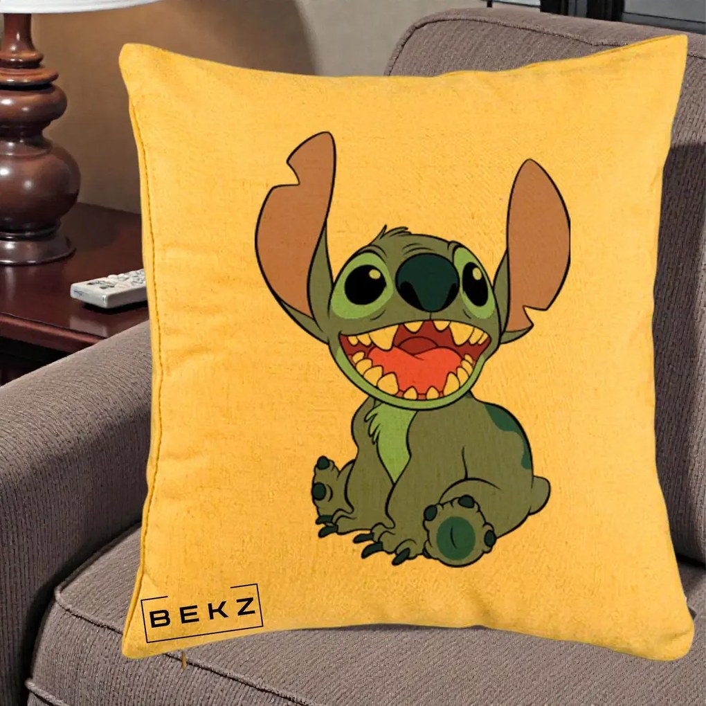 Perna Personalizata Stitch Zambitor, 40x40 cm, Galben, Husa Detasabila, Perna Inclusa, BEKZ®