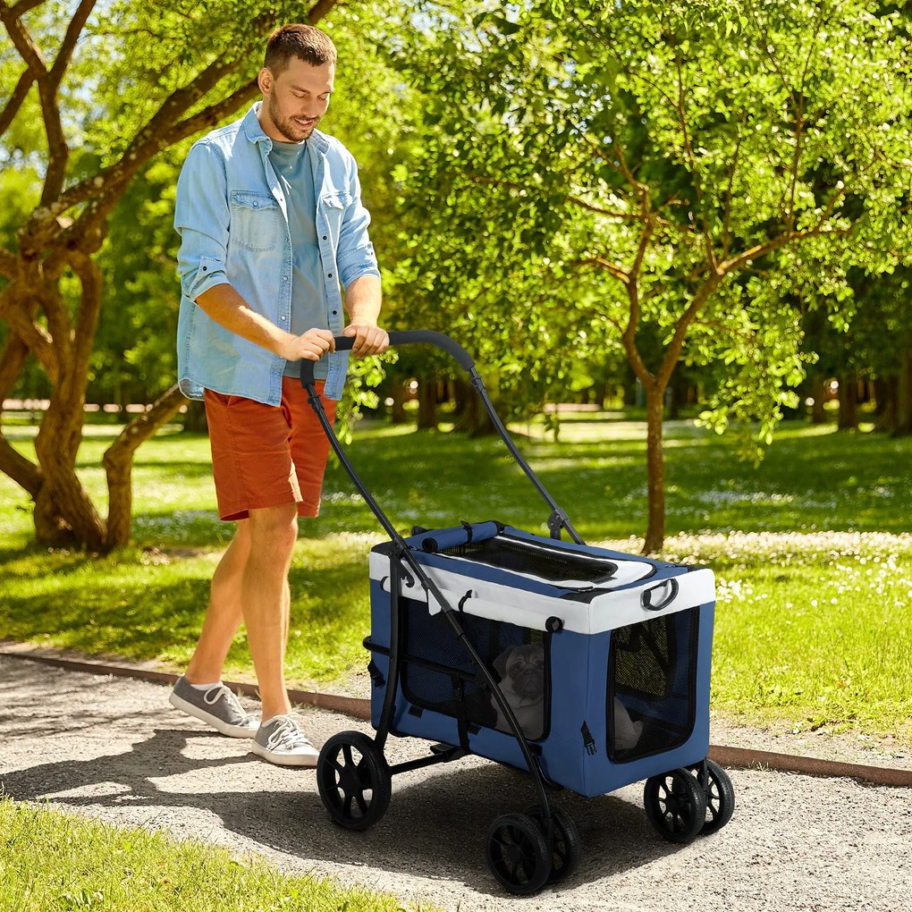 Cărucior pentru câini și pisici PawHut, pliabil, cu container detasabil, 81 x 58 x 97,5 cm, Negru + Albastru + Alb | Aosom Romania