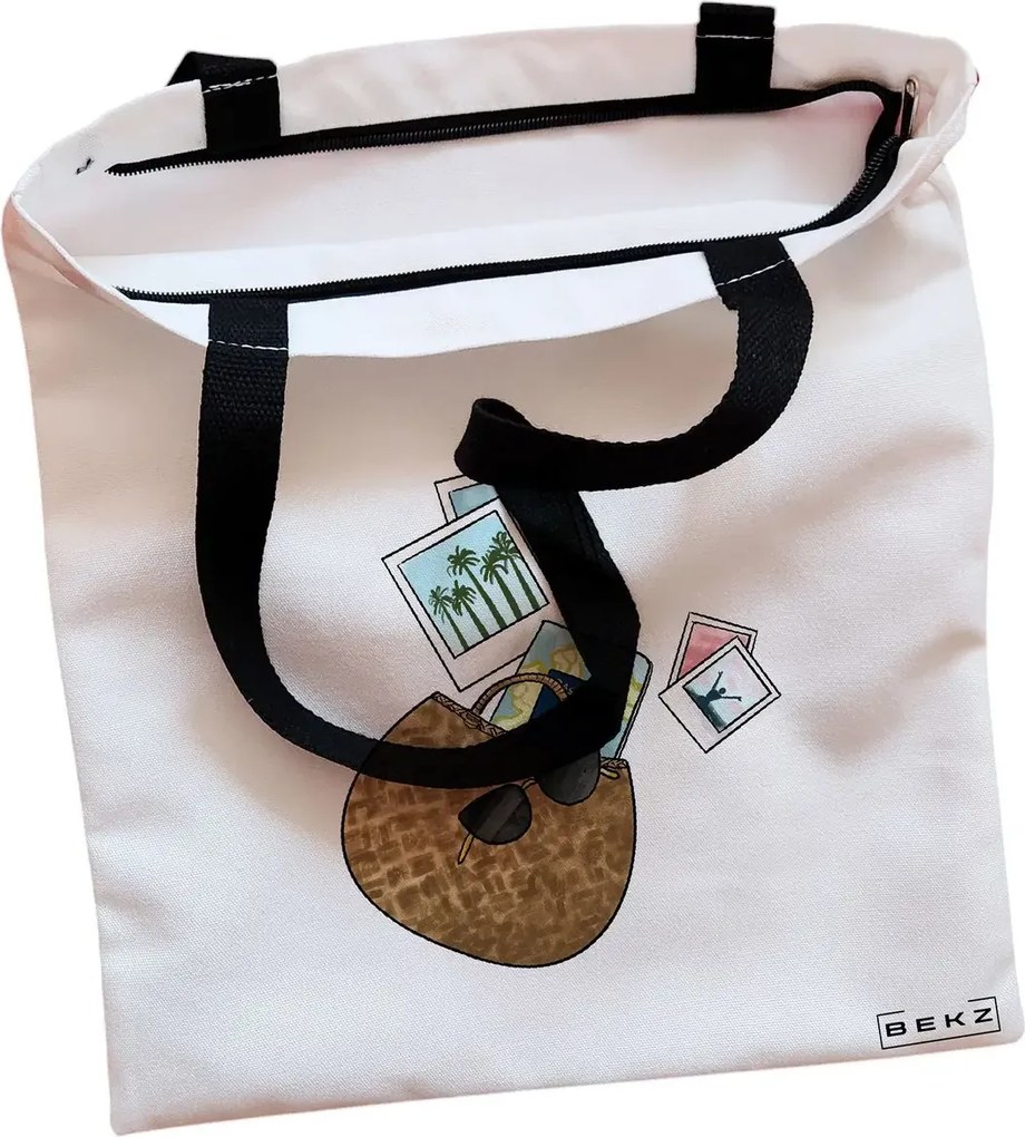 Sacosa de Panza pentru Cumparaturi, Geanta Tote, Travel Girl 12, Cu fermoar, 38x34.5 cm, Alba, BEKZ®