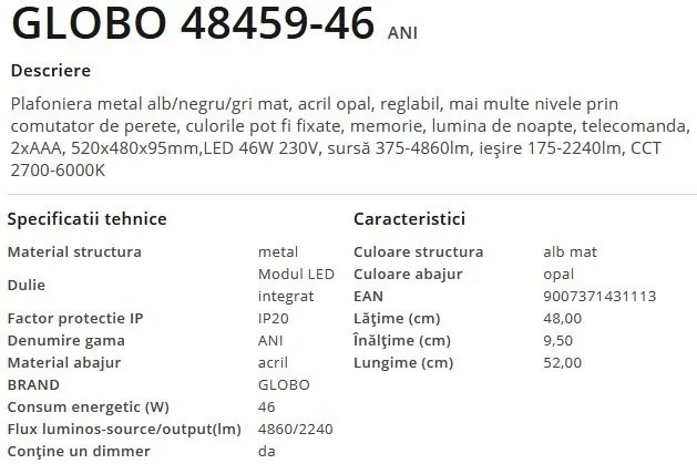 Plafoniera LED cu telecomanda design modern Ani alb
