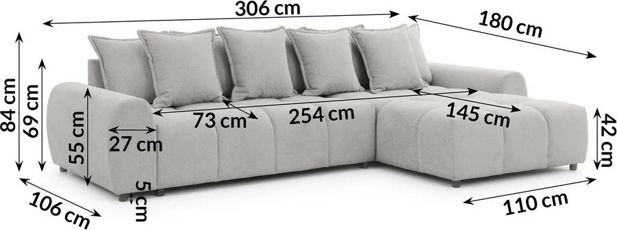 Colțar gri deschis (cu colț pe partea dreaptă/cu șezlong) Albane – Ropez