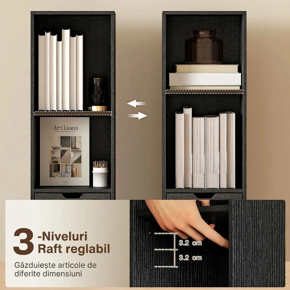 HOMCOM Bibliotecă cu 4 Rafturi Deschise, Dulap și Sertar, 30x24x158 cm, Negru | Aosom Romania