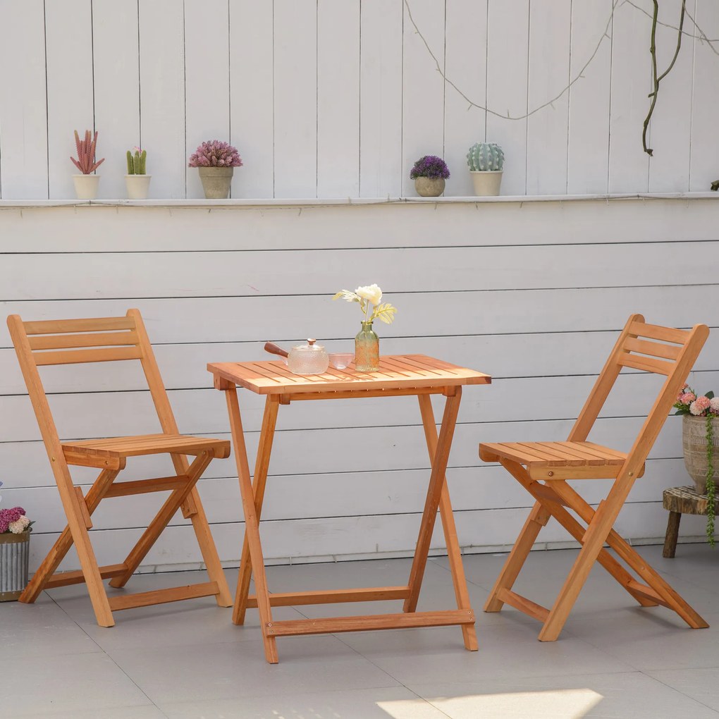 Outsunny Set Mobilier de Grădina din Lemn de Teak, 3 Piese, Masa și Scaune Pliabile, Rezistent la Intemperii, Design Natural | Aosom Romania