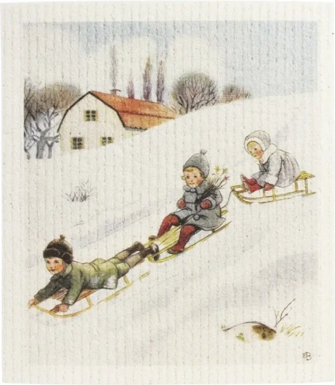 Lavetă artizanală din bumbac cu ilustrație de iarnă Elsa Beskow, alb, 17×20 cm, „Winter Play"