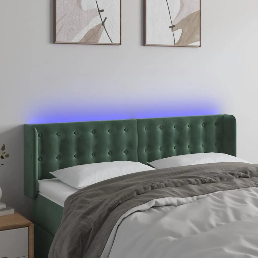 vidaXL Tăblie de pat cu LED, verde închis, 147x16x78/88 cm, catifea
