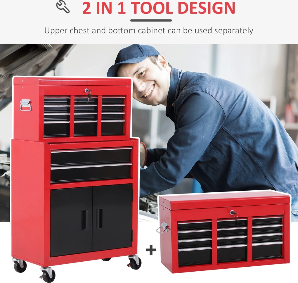 HOMCOM Cutie pentru Unelte pe Roți cu 6 Sertare, 2 în 1, Dulap Spațios cu Încuietoare, Metal, Roșu | Aosom Romania