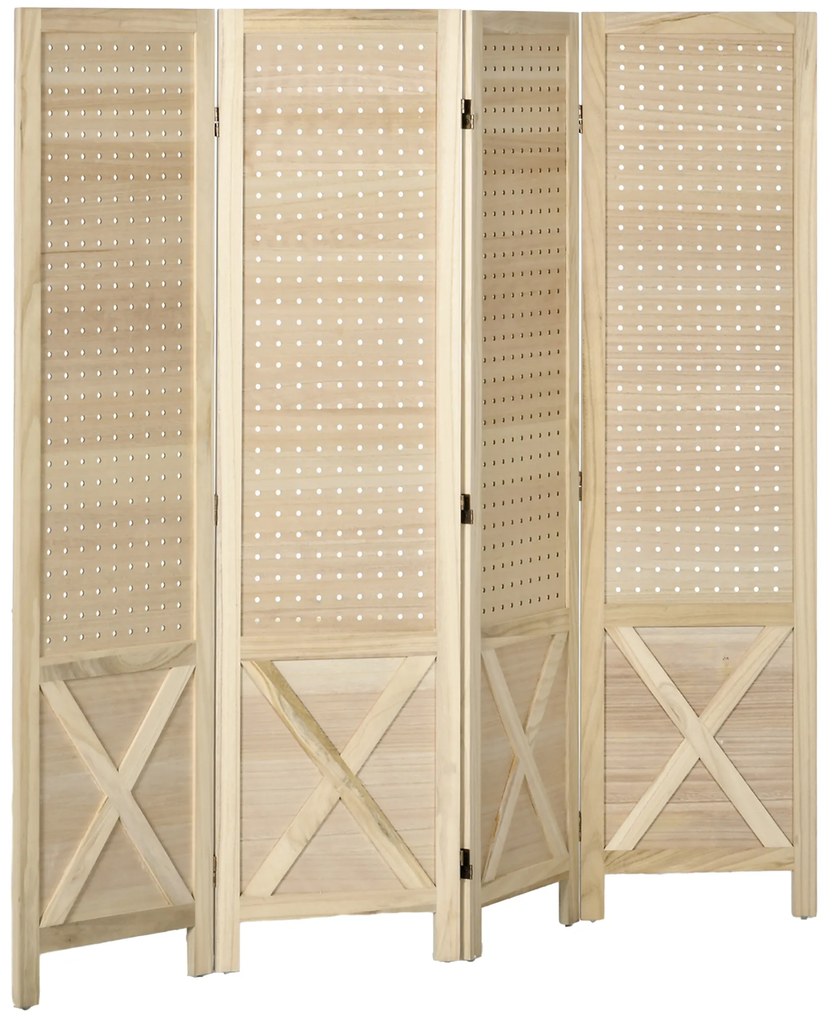 HOMCOM, Paravan interior din lemn, 4 panouri, separator de cameră pliabil, panou perforat, 152 x 1,7 x 144,5 cm, lemn natural | Aosom Romania