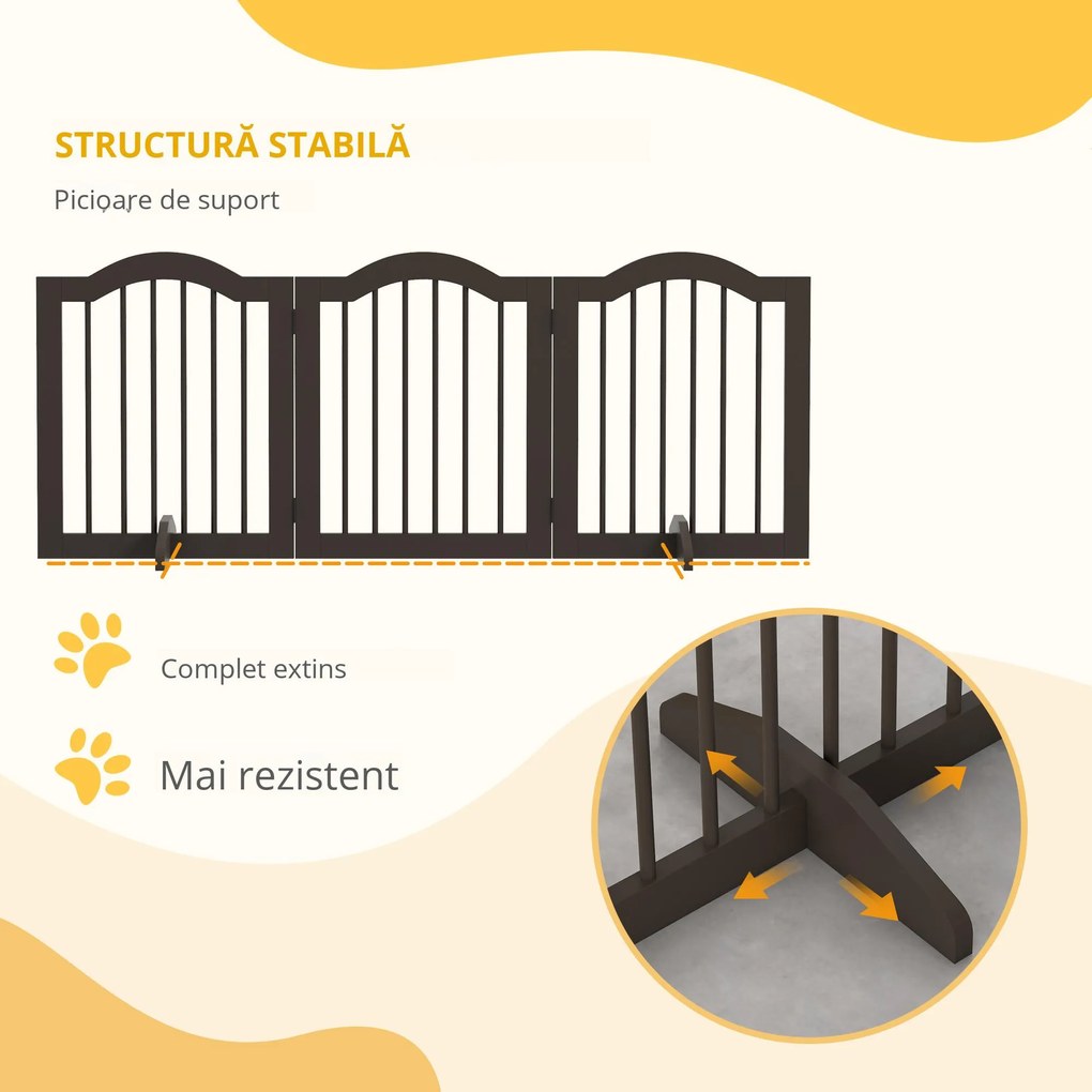PawHut Barieră Pliabilă pentru Câini cu 3 Secțiuni din Lemn și Picioare, 154,5x29,5x61 cm, Cafeniu | Aosom Romania