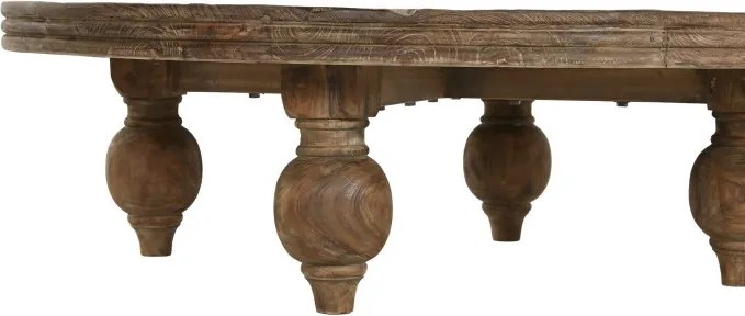 Măsuță de cafea rotundă din lemn de tec reciclat, natur, cu picioare strunjite, finisaj mat, 30 x 100 cm, „Aruna” – Ethnic Collections