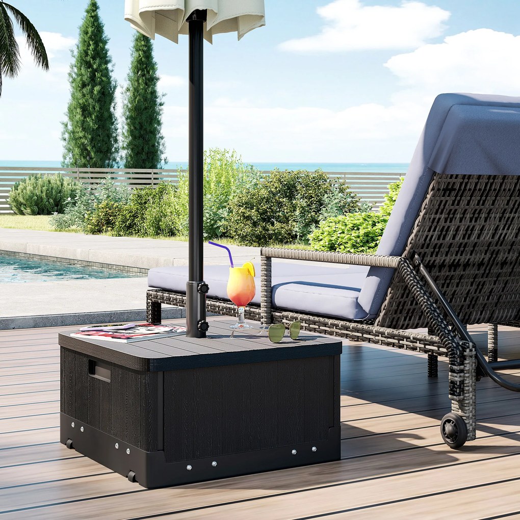 Outsunny Bază pentru Umbrelă 3-în-1 Exterior, Măsuță de Cafea, Jardinieră cu Orificiu de Scurgere, Capacitate 80 kg, Suport Umplut cu Roți și Mânere pentru Terasă și Piscină, Negru | Aosom Romania