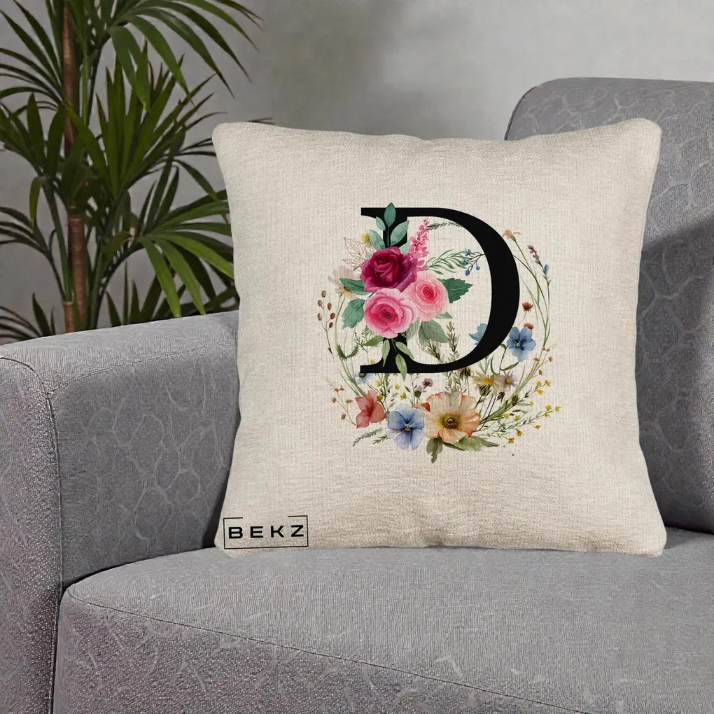 Cadou Personalizat - Perna Personalizata Monogram Litera D cu Flori Acuarela, 40x40 cm, Bej Canapea, Husa Detasabila, Perna Inclusa, BEKZ®