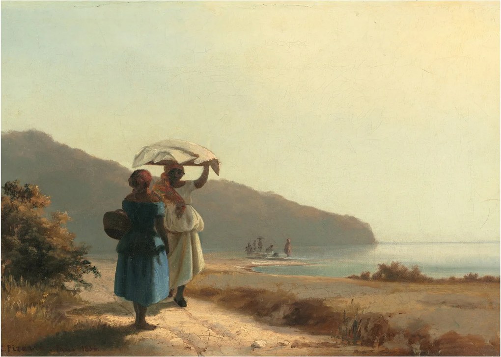 Tablou pe sticlă - Camille Pissarro, Two Women Chatting by the Sea, St. Thomas, reproducere (70x50 cm)