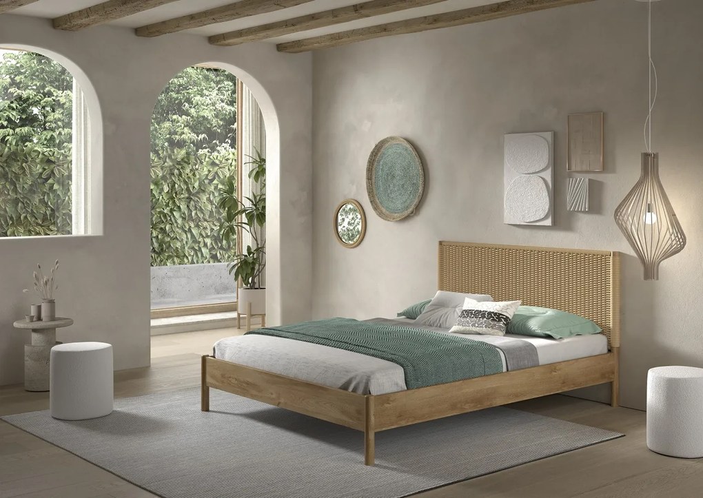 Pat dublu OLIVE, 160 x 200 cm, cu tăblie din lemn cu aspect de stejar și detalii din sfoară împletită, design modern, fără somieră inclusă, cu