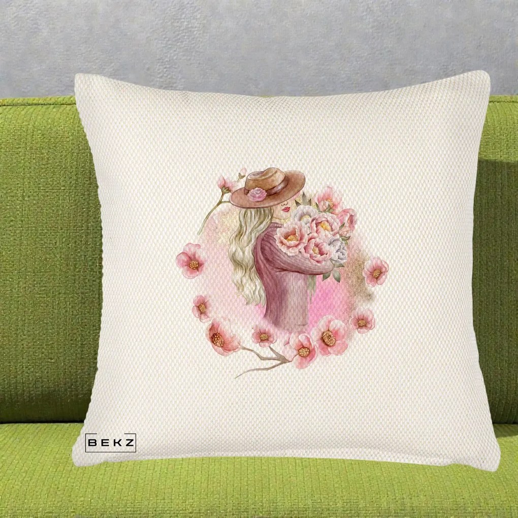 Perna Decorativa Femeie cu Flori Roz Acuarela, 40x40 cm, Crem Reliefat, Husa Detasabila, Perna Inclusa, BEKZ®