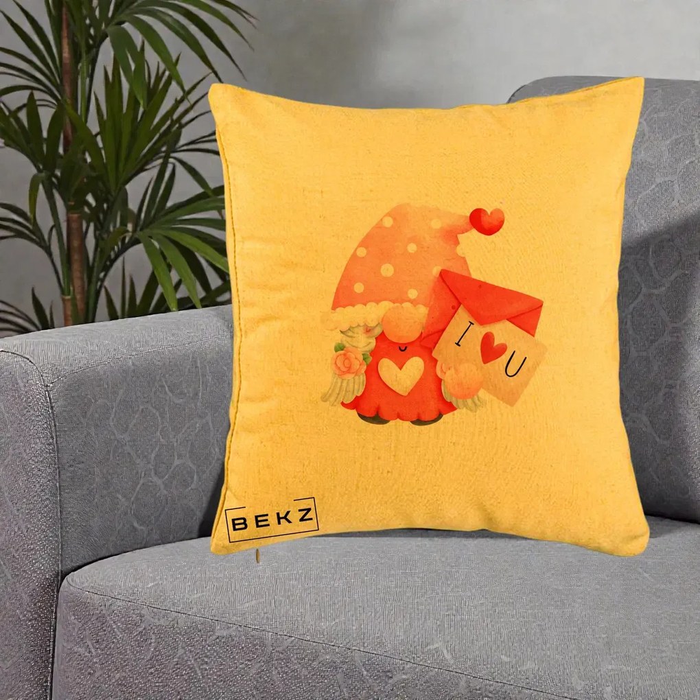 Cadou Romantic - Perna Personalizata I Love You Gnome Valentine cu Scrisoare, 40x40 cm, Galben, Husa Detasabila, Perna Inclusa, BEKZ®