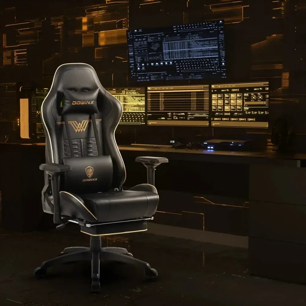 RESIGILAT- DOWINX Scaun gaming, ergonomic, pernă lombară cu masaj, suport pentru picioare, piele PU matlasata, respirabila, cotiere 4D, rezistent 150 kg, Negru