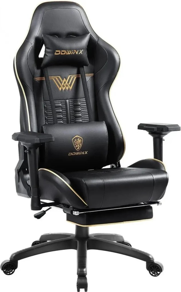RESIGILAT- DOWINX Scaun gaming, ergonomic, pernă lombară cu masaj, suport pentru picioare, piele PU matlasata, respirabila, cotiere 4D, rezistent 150 kg, Negru