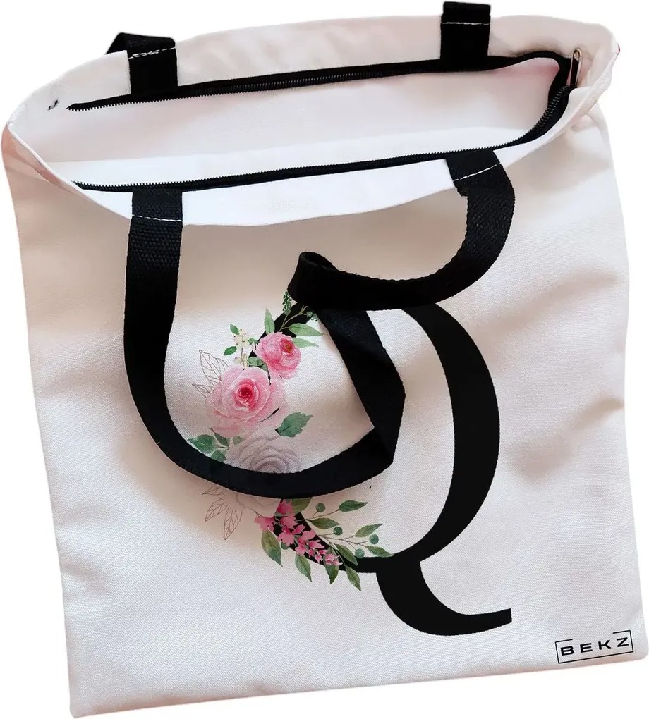 Sacosa de Panza pentru Cumparaturi, Geanta Tote, Cu litera Q si Trandafiri, Cu fermoar, 38x34.5 cm, Alba, BEKZ®
