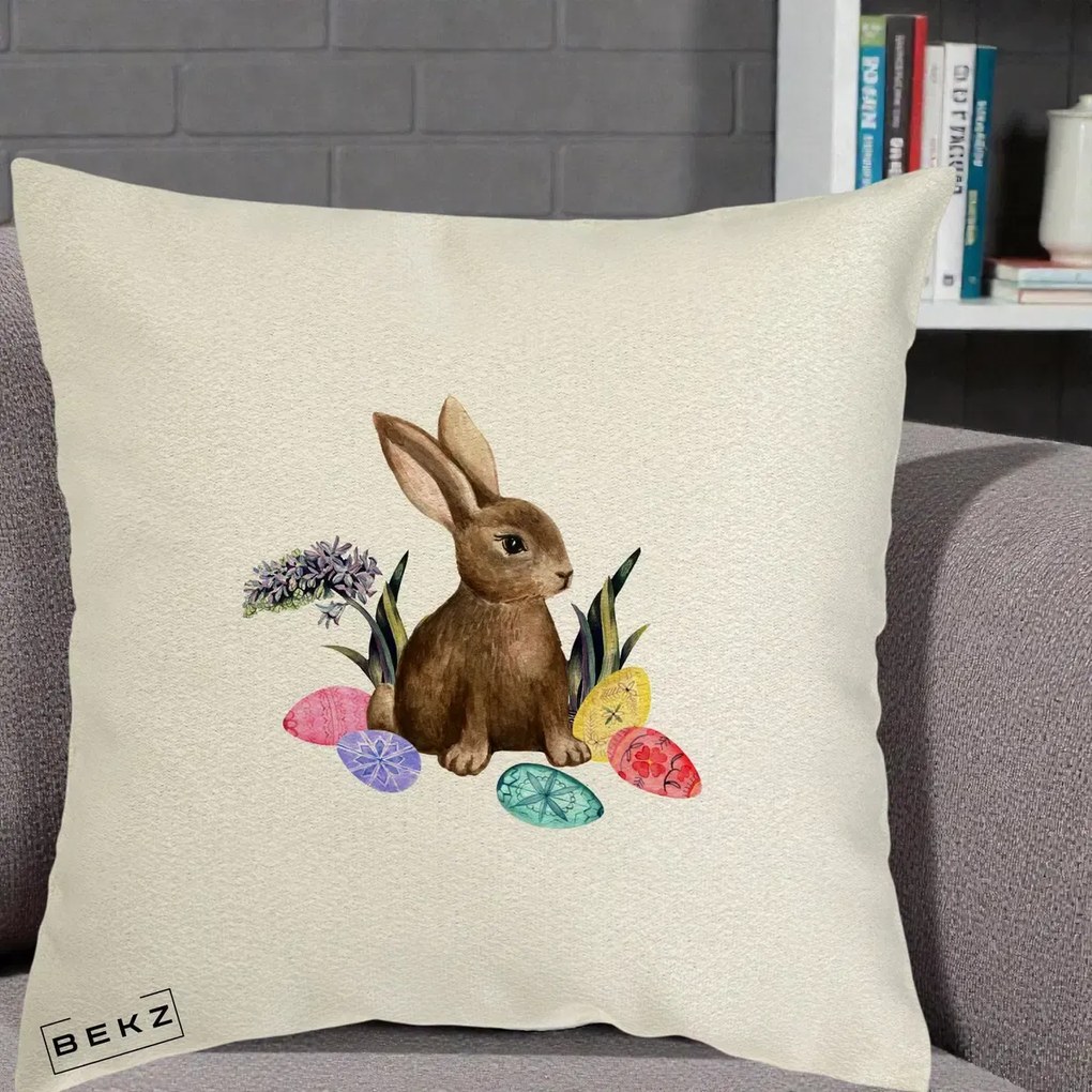 Perna Decorativa Iepuras cu Oua de Pasti Acuarela, 40x40 cm, Ecru, Husa Detasabila, Perna Inclusa, BEKZ®