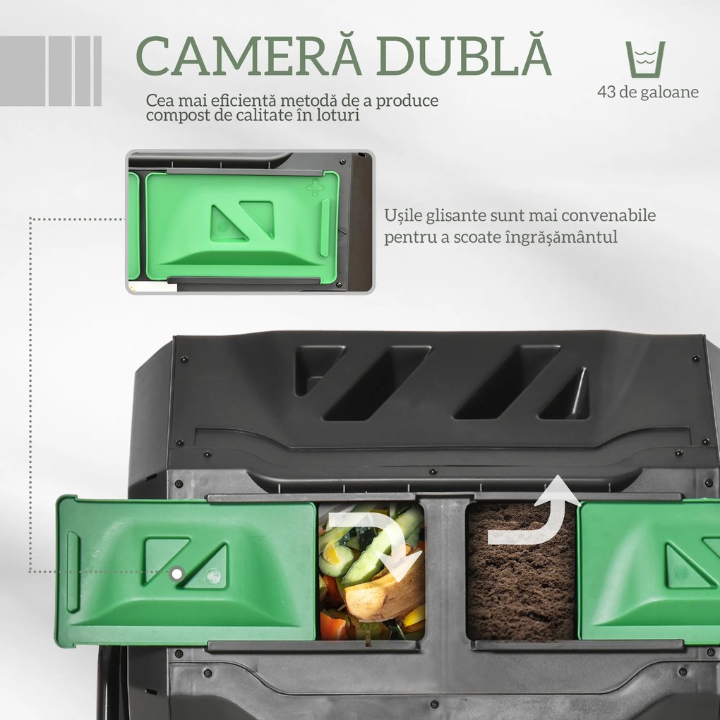 Outsunny Compostor Rotativ cu 2 Secțiuni și 8 Prize de Aerisire din Oțel și PP, 160L, 71x65x96 cm, Gri | Aosom Romania