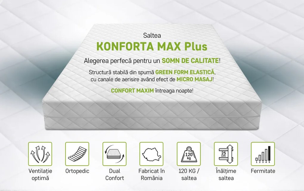 Saltea SuperOrtopedica Green Future KONFORTA Max Plus 25 cm, 140x200x25cm, Spuma poliuretanica elastica, Husa detasabila, lavabila, matlasata, hipoalergenica, Reversibila, Ferma