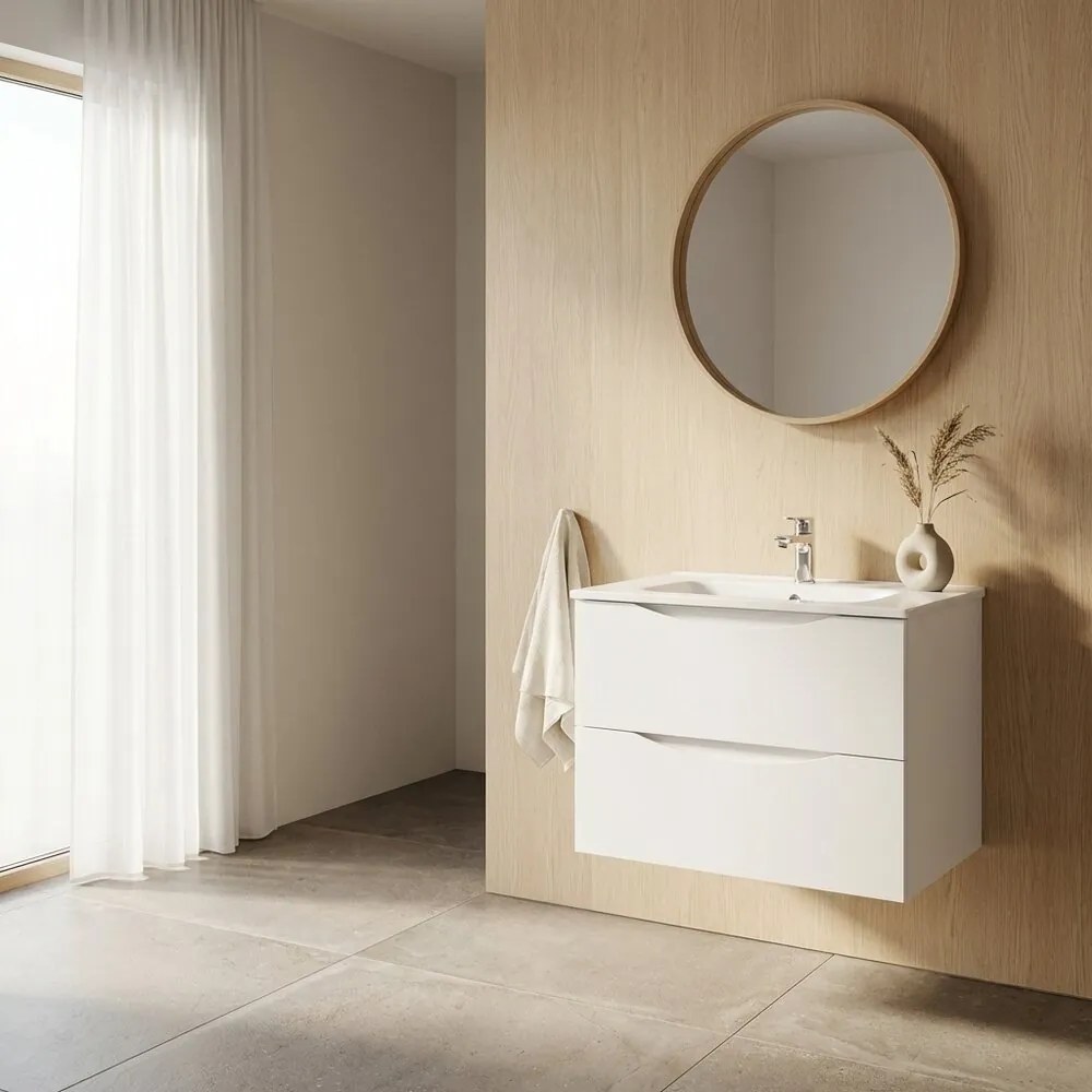 Set dulap baza suspendat Rune Asger 2 sertare 60 cm alb lucios MDF si lavoar alb