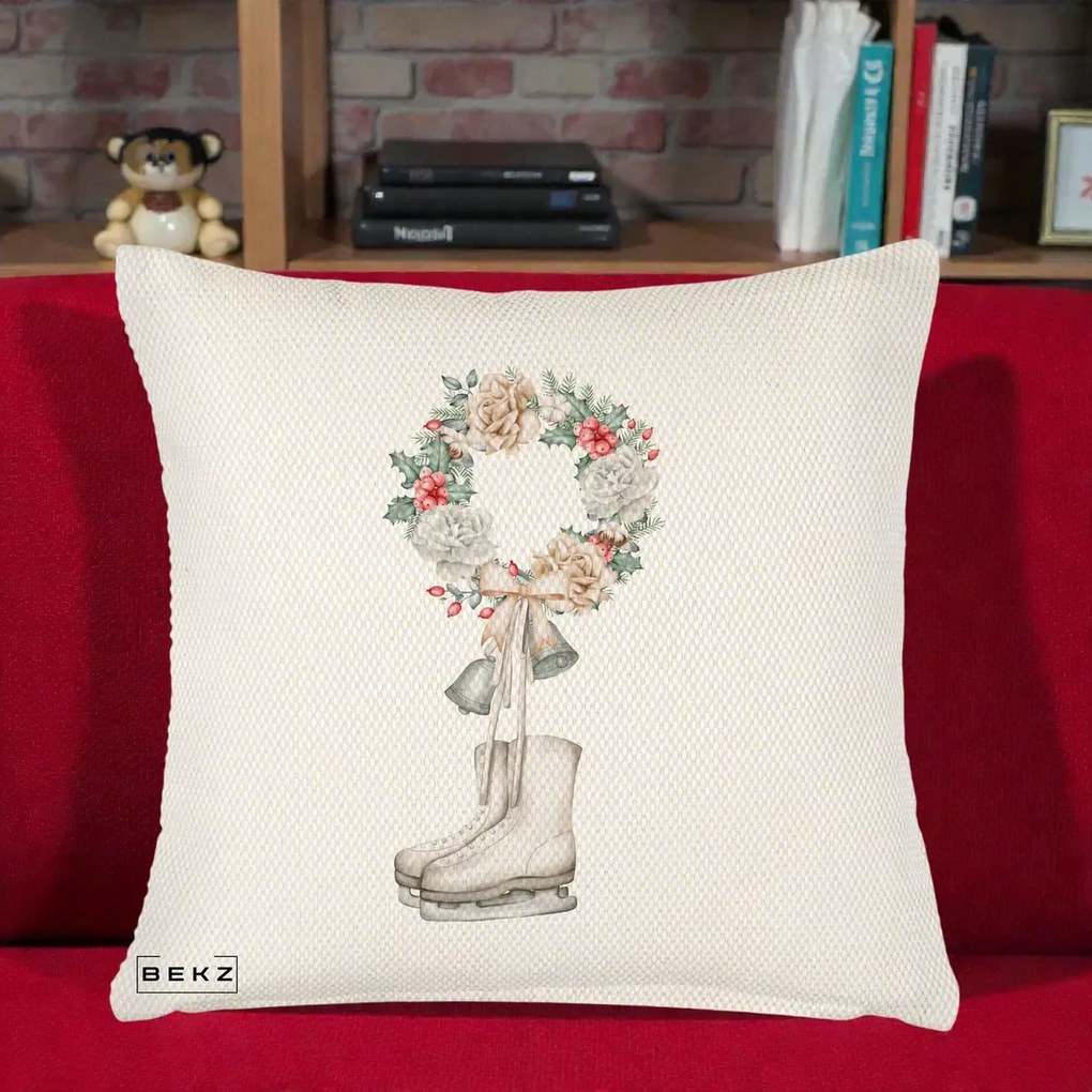 Perna Decorativa Patine cu Coroana Florala de Craciun, 40x40 cm, Crem Reliefat, Husa Detasabila, Perna Inclusa, BEKZ®
