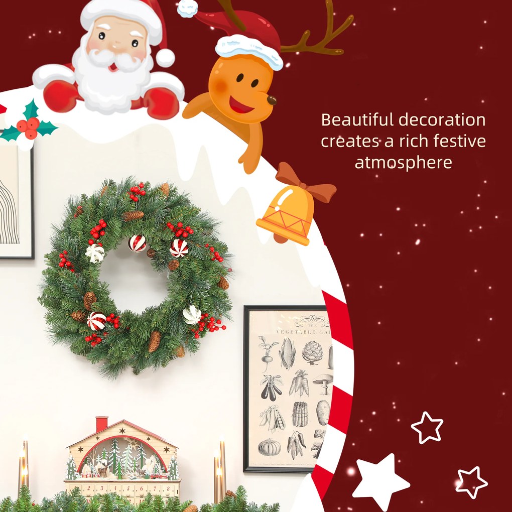 HOMCOM Ghirlandă de Crăciun 60 cm cu 146 Ramuri Înzăpezite, Conuri, Boabe și Bile | Aosom Romania