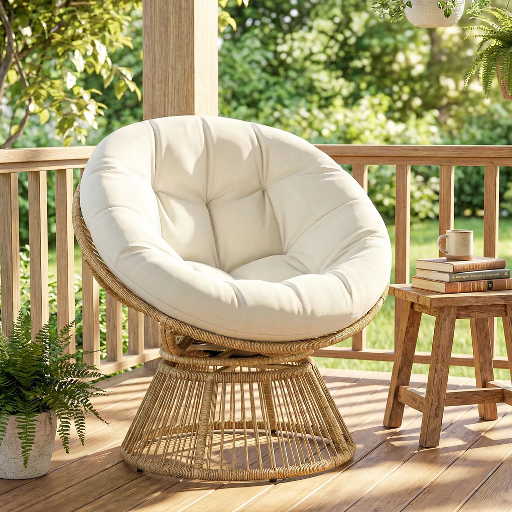 Outsunny Fotoliu Papasan Rotativ 360° Moon Chair cu Pernă pentru Interior/Exterior, Crem Alb | Aosom Romania