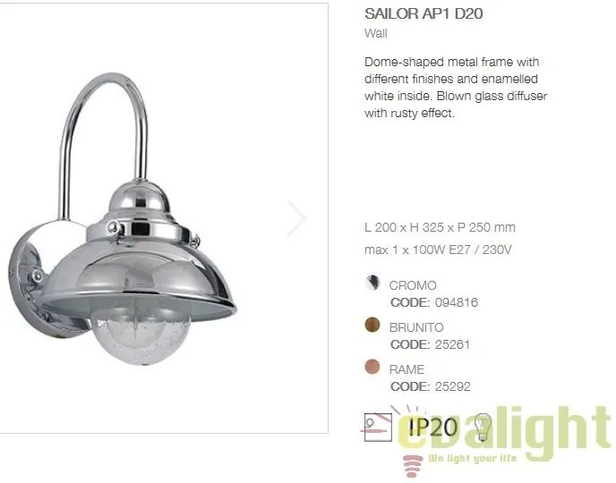 Aplica de perete design INDUSTRIA Style SAILOR AP1 D20 RAME 025292