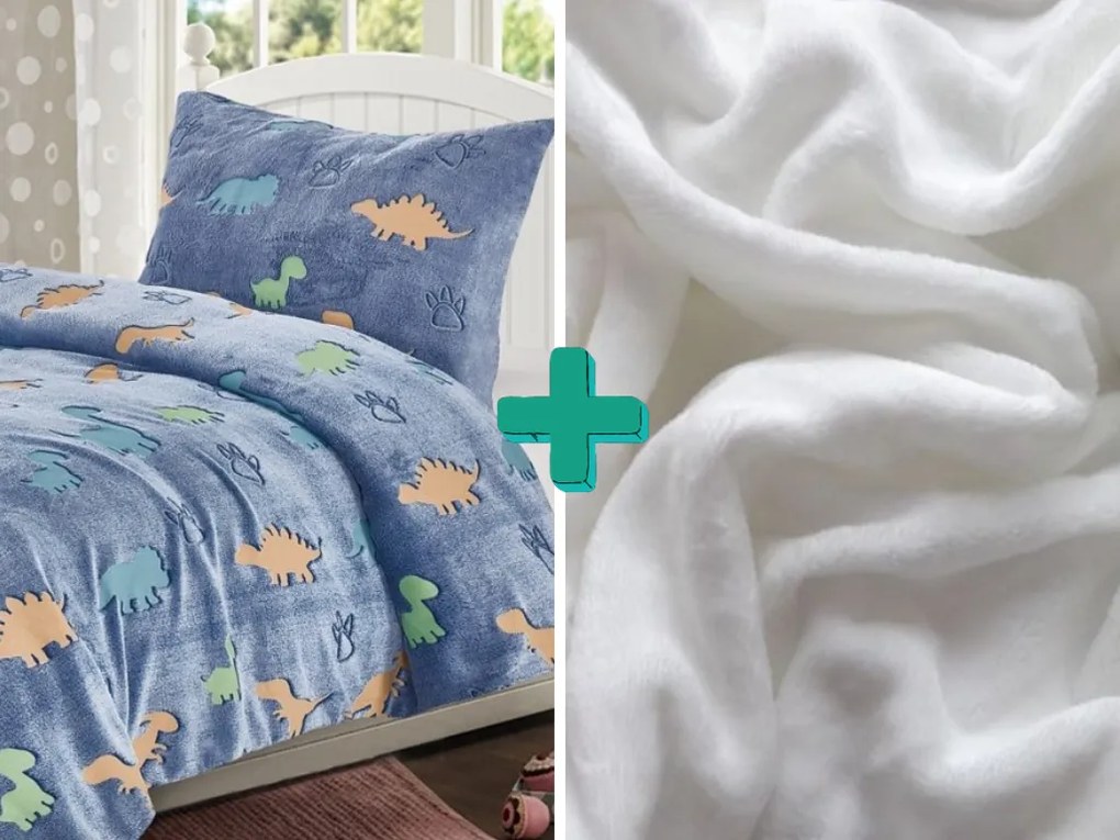 Lenjerie de pat fosforescenta din microplus LIZARDS albastru + cearceaf microplus SOFT 90x200 cm alb