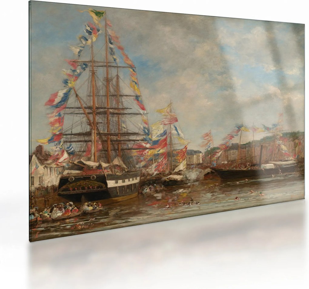 Tablou pe sticlă - Eugène Boudin, Festival in the Harbor of Honfleur, reproducere (70x50 cm)