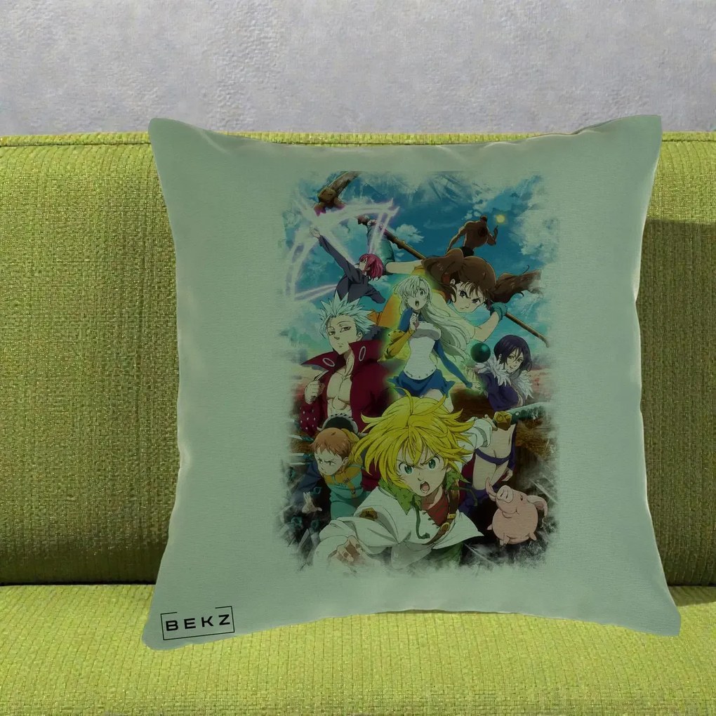 Perna Personalizata Nanatsu no Taizai Cele Sapte Pacate Mortale Anime, 40x40 cm, Verde, Husa Detasabila, Perna Inclusa, BEKZ®