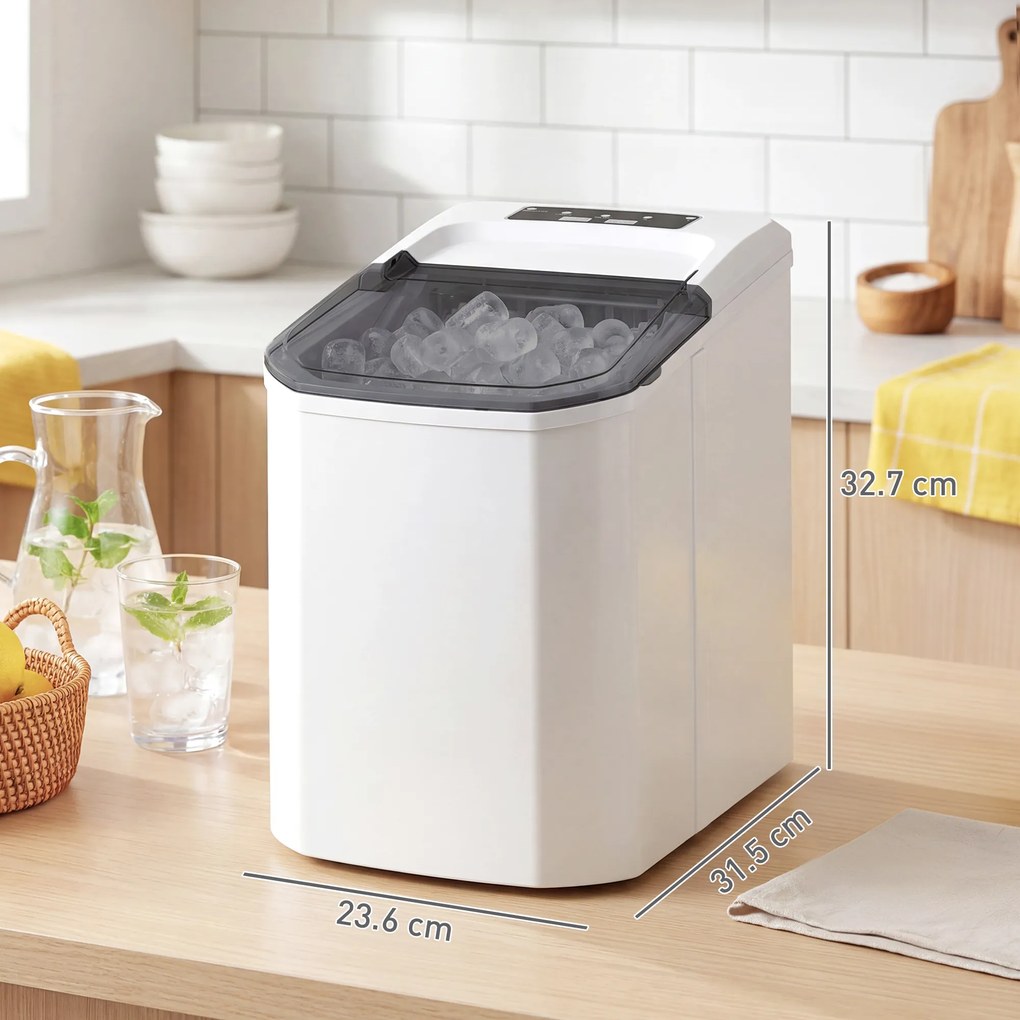 HOMCOM Mașină de Gheață cu Curățare Automată 12 kg/24H 9 Cuburi Gata în 7 Minute 2 Mărimi de Gheață 1,5L Rezervor Alb | Aosom Romania