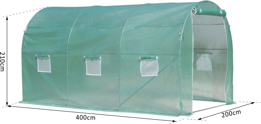 Outsunny Serra a Tunnel da Giardino Struttura in Acciaio con 6 Finestre e Porta Avvolgibili, 400x200x210cm verde 400x200x210cm