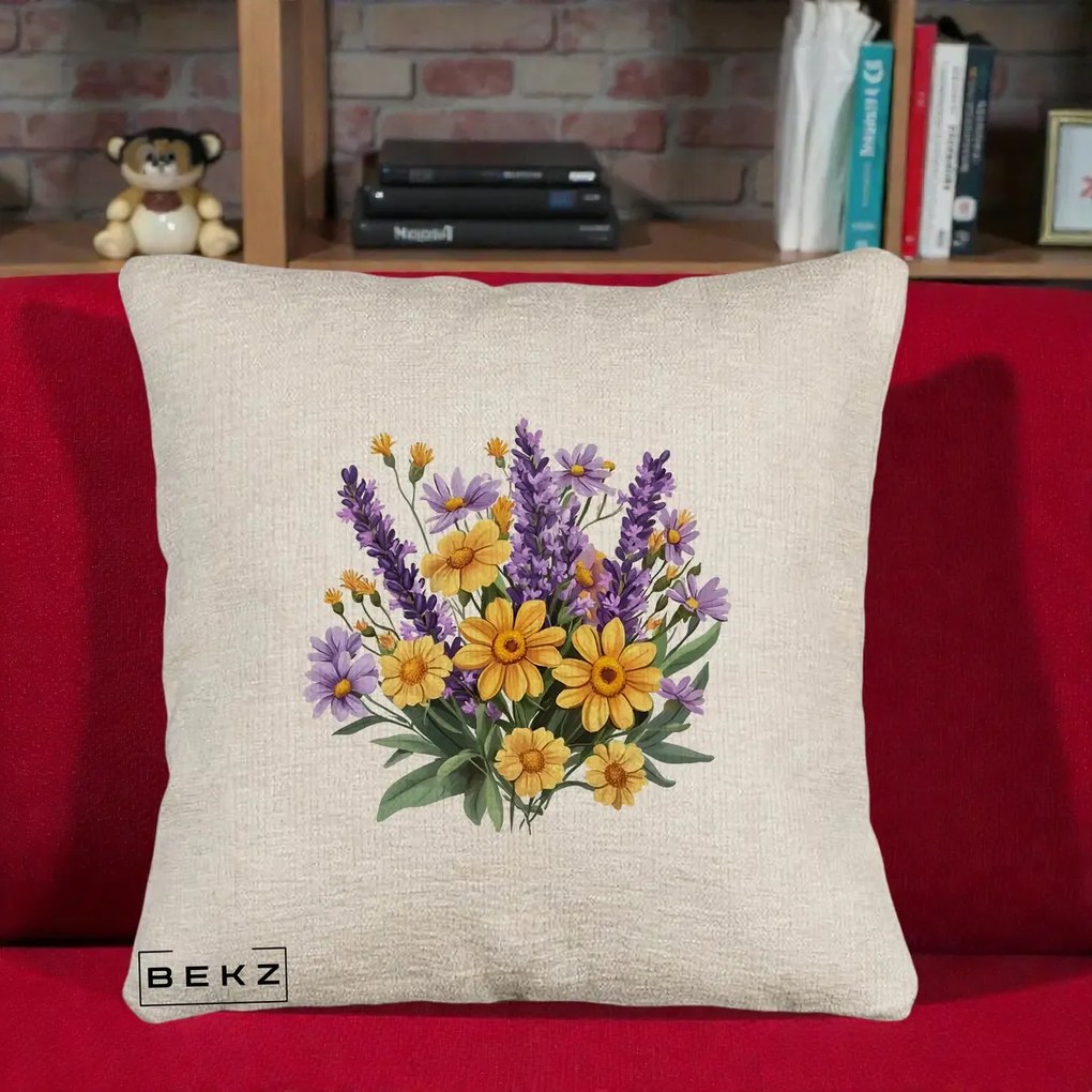 Perna Decorativa Lavanda cu Margarete Galbene si Lila, 40x40 cm, Bej Canapea, Husa Detasabila, Perna Inclusa, BEKZ®