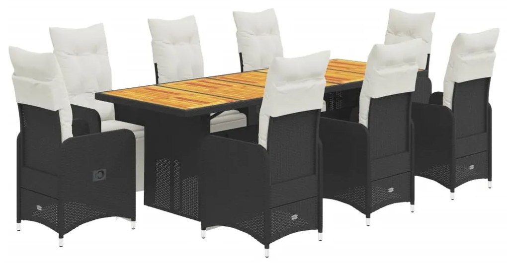 3277289 vidaXL Set bistro de grădină, 9 piese, cu perne, negru, poliratan