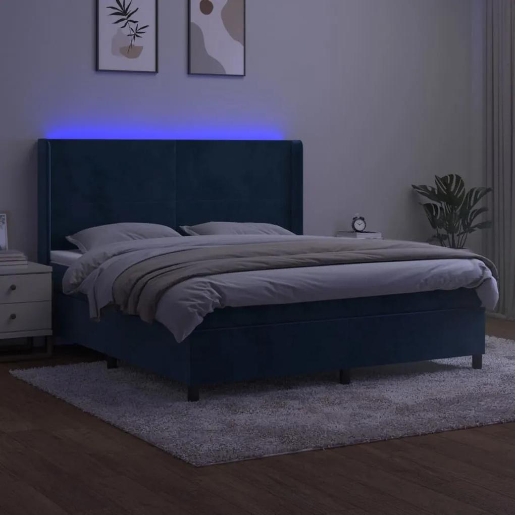 Pat cu arcuri, saltea si LED, bleumarin, 160x200 cm, catifea Albastru inchis, 160 x 200 cm, Design simplu