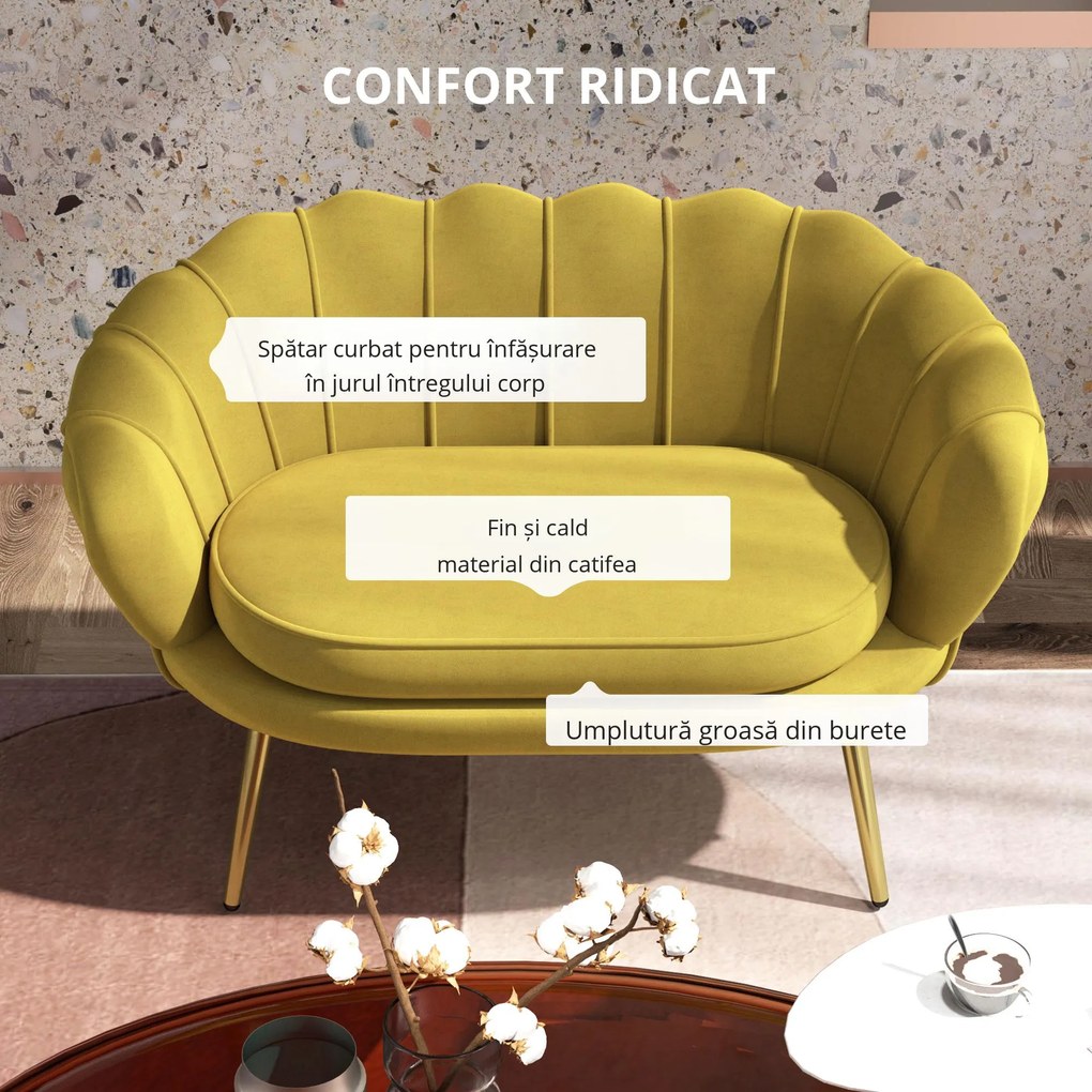 HOMCOM Canapea Modernă de 2 Locuri cu Brațe și Șezut Căptușit, pentru Dormitor și Sufragerie, 130x77x77 cm, Galben | Aosom Romania
