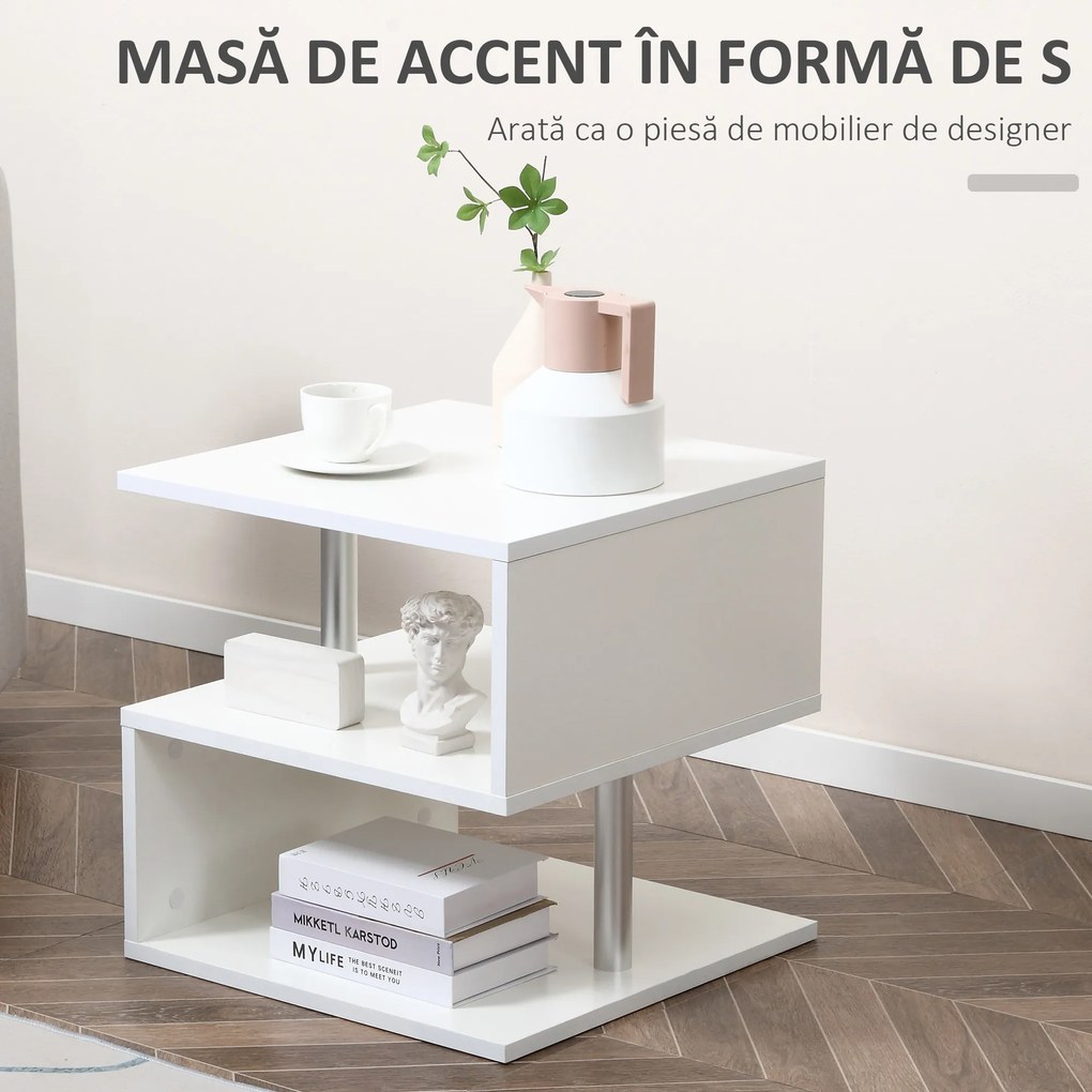 Masuta living cu 2 etajere, din lemn si fier, sustine maxim 10kg, 50x50x50cm alb HOMCOM | Aosom RO