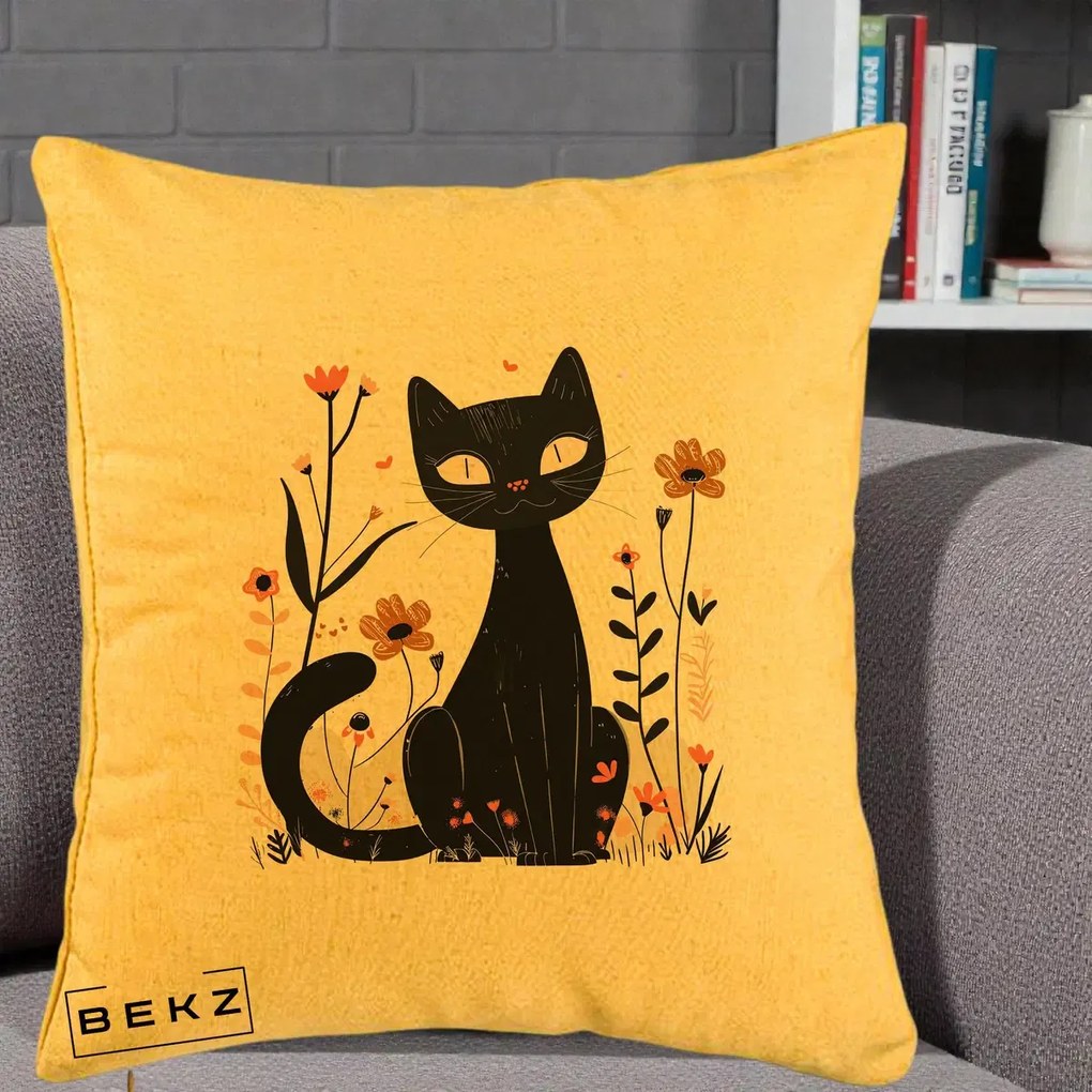 Perna Decorativa Pisica Neagra Flori Pastel Folk, 40x40 cm, Galben, Husa Detasabila, Perna Inclusa, BEKZ®
