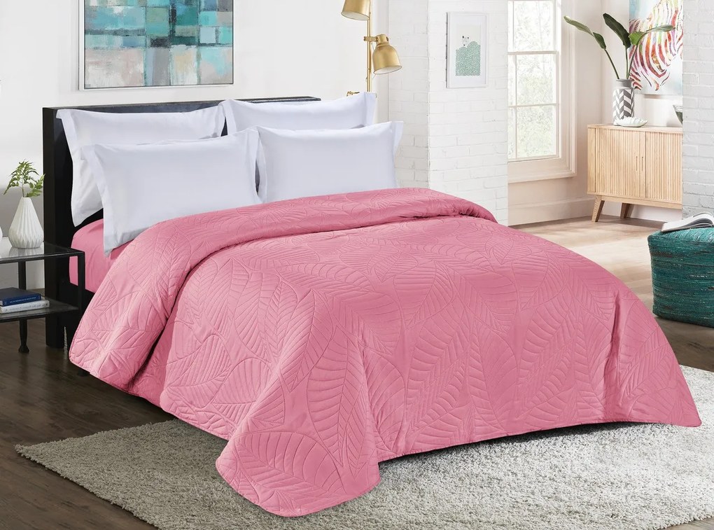 Cuvertura roz pentru pat cu model LEAVES Dimensiune: 170 x 210 cm