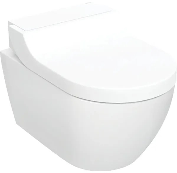 Set vas wc suspendat cu functie de bideu si capac soft close cu ornament din sticla alba, Geberit AquaClean Tuma Comfort