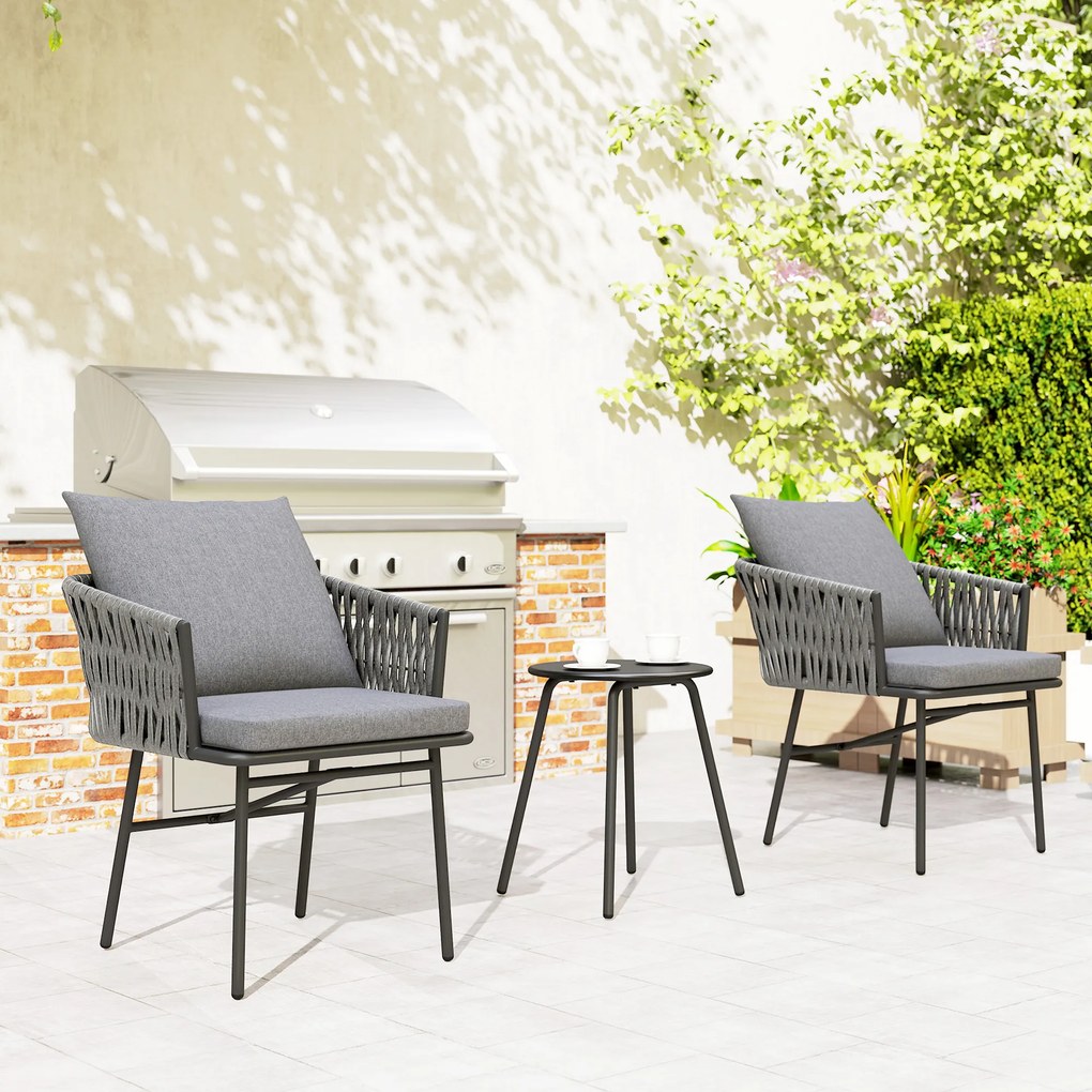 Outsunny Set mobilier exterior 3 piese, 2 scaune, 1 masă, set bistro, rattan sintetic, cadru din oțel, masă metalică, 4 perne, gri | Aosom Romania