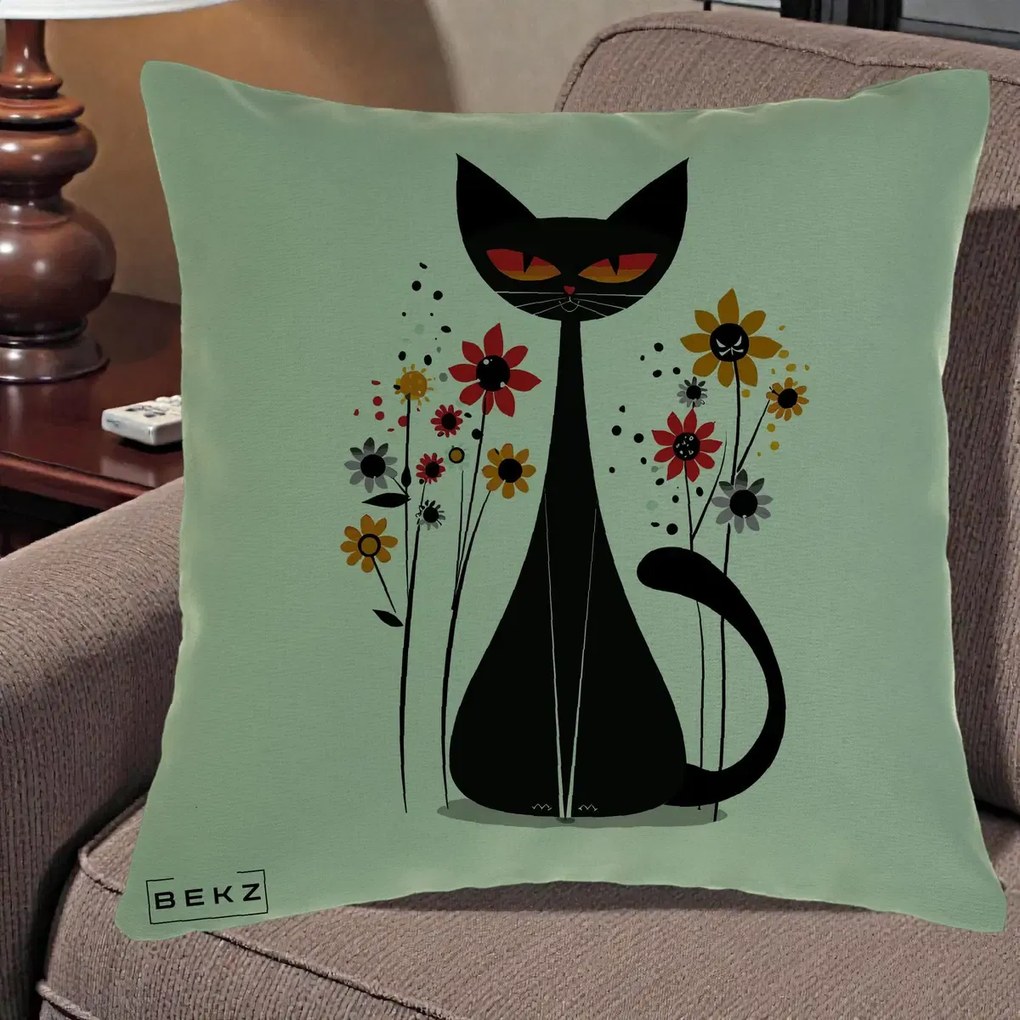 Perna Decorativa Pisica Neagra Ochi Rosii Flori, 40x40 cm, Verde, Husa Detasabila, Perna Inclusa, BEKZ®