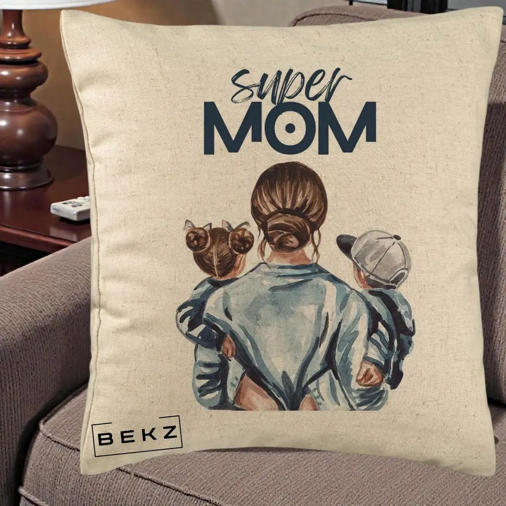 Cadou pentru Mama - Perna Personalizata Super Mom, 40x40 cm, Bej, Husa Detasabila, Perna Inclusa, BEKZ®