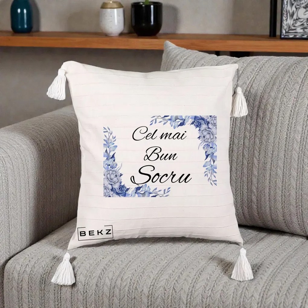 Cadou pentru Socru - Perna Personalizata Cel mai Bun Socru cu Flori Albastre Acuarela, 40x40 cm, Bej cu Franjuri, Husa Detasabila, Perna Inclusa, BEKZ®