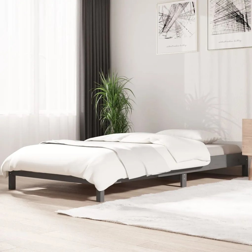 820404 vidaXL Pat stivuibil, gri, 90x200 cm, lemn masiv de pin